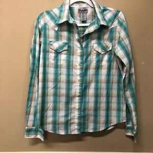 Wrangler Wrancher Shirt Teal Plaid Pearl Snap Western Rodeo Shirt Size M